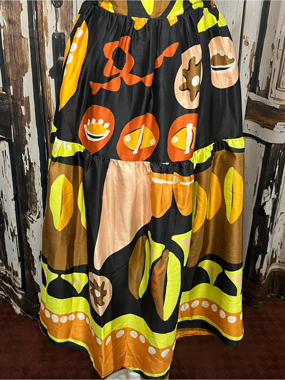 entro Black Midi Dress with Neon Green and Mustard Print - Picture 7 of 8